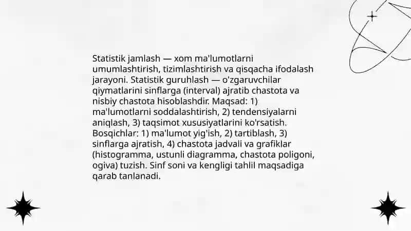 Statistik jamlash, guruhlash. Statistik jadval va grafiklar 3