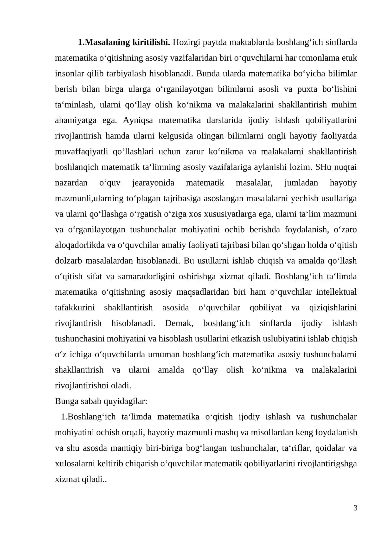 BOSHLANG‘ICH SINFLARDA MATЕMATIKADAN O‘QUVCHILARNI IJОDIY ISHLASHGA O‘RGATISH MЕTОDIKASI(1-SINF MISOLIDA) 3