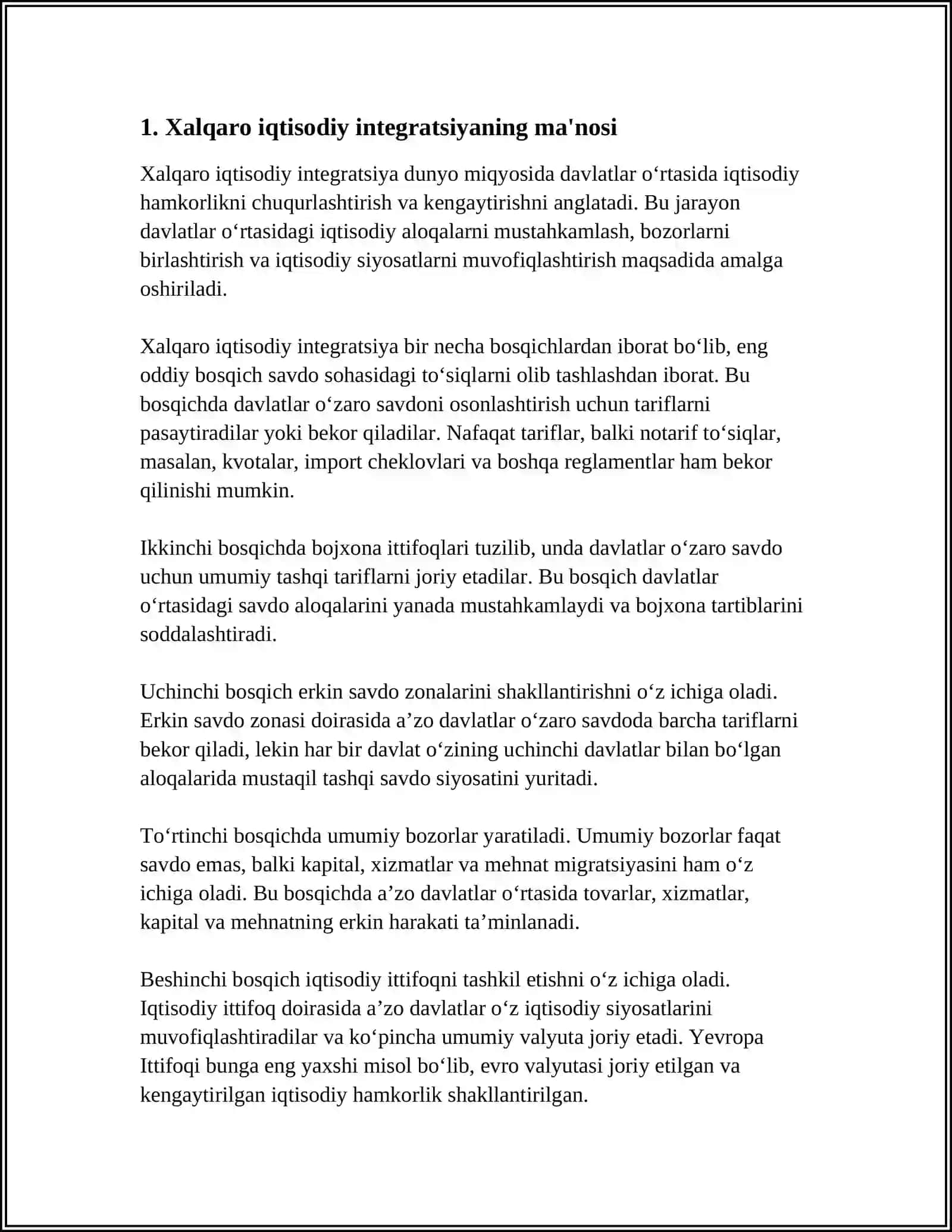 XALQARO IQTISODIY INTEGRATSIYA, UNING MAZMUNI VA SHAKILLARI 3