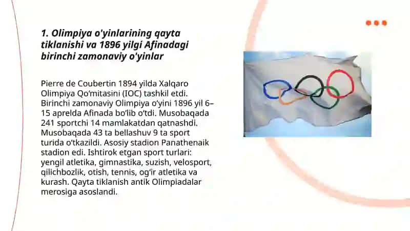Olimpiya oyinlarining xususiyatlari 1896- Hozirgi yilgacha 3