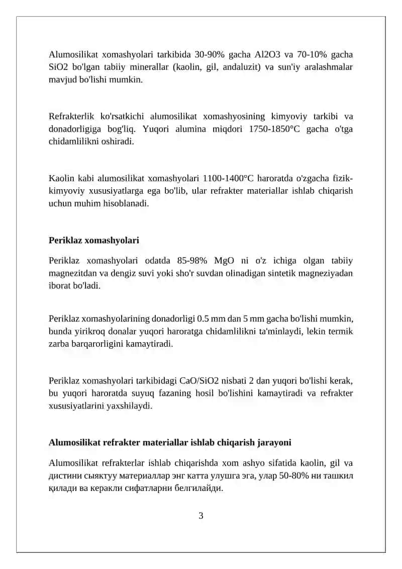 Alumosilikat va Periklaz Refrakter Materiallar Ishlab Chiqarish 3