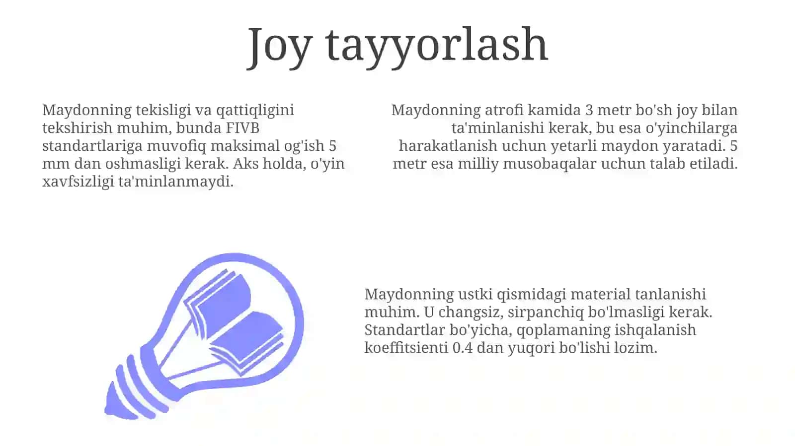 Voleybol musoboqalari o'taziladigan joyini tayyorlash va nazorat qilish 3