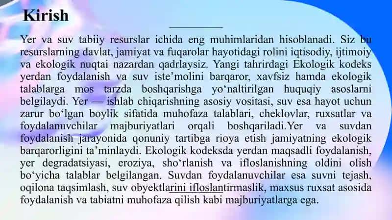 Yerdan foydalanish, suv iste’moli va suvdan foydalanuvchilarning huquq va majburiyatlar 3