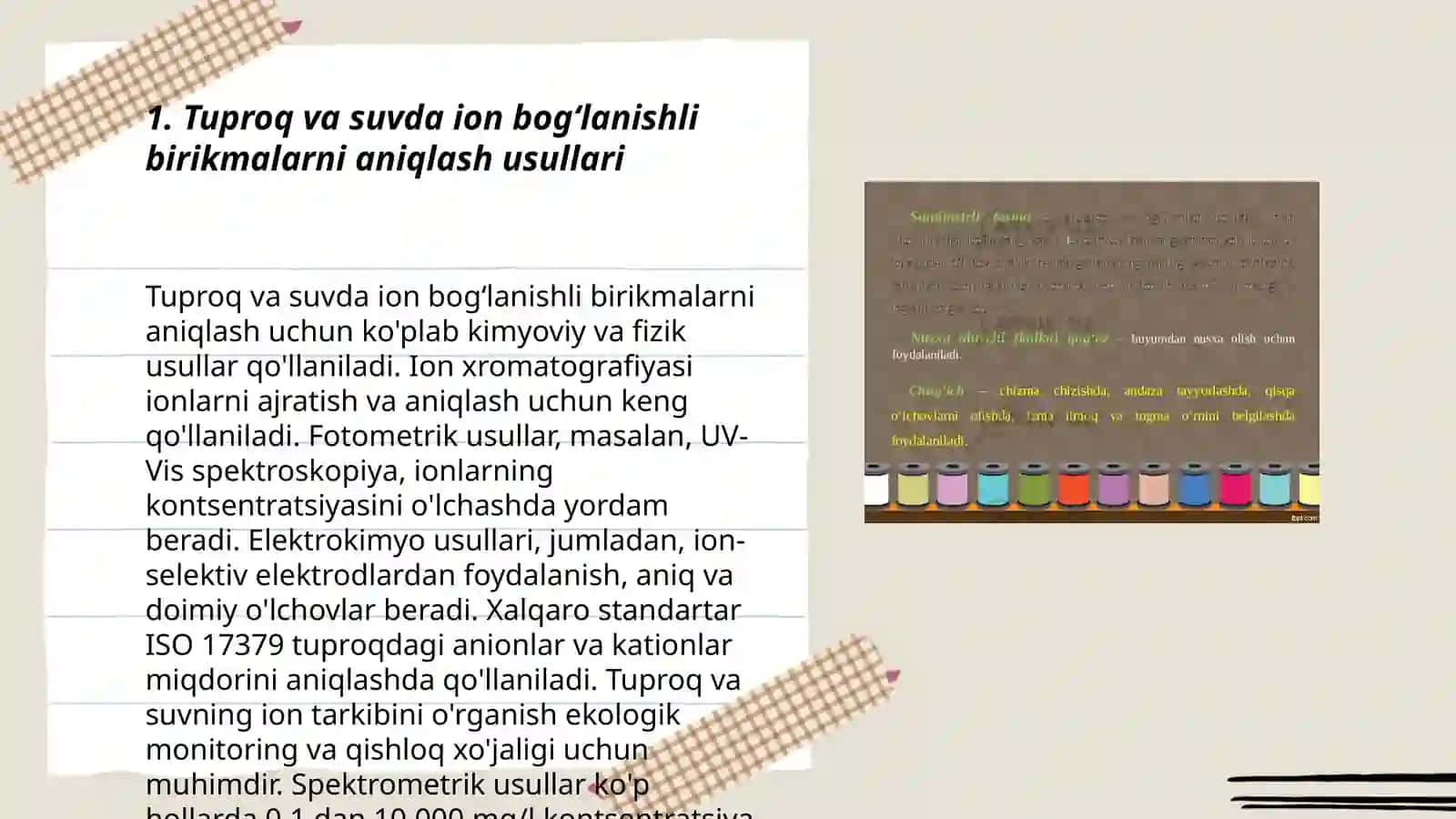 Tuproq, suvning ifloslanishida ion bogʻlanishli birikmalarni aniqlab ulardan tozalash gʻoyasini ishlab chiqish amaliy mashgʻulot 3