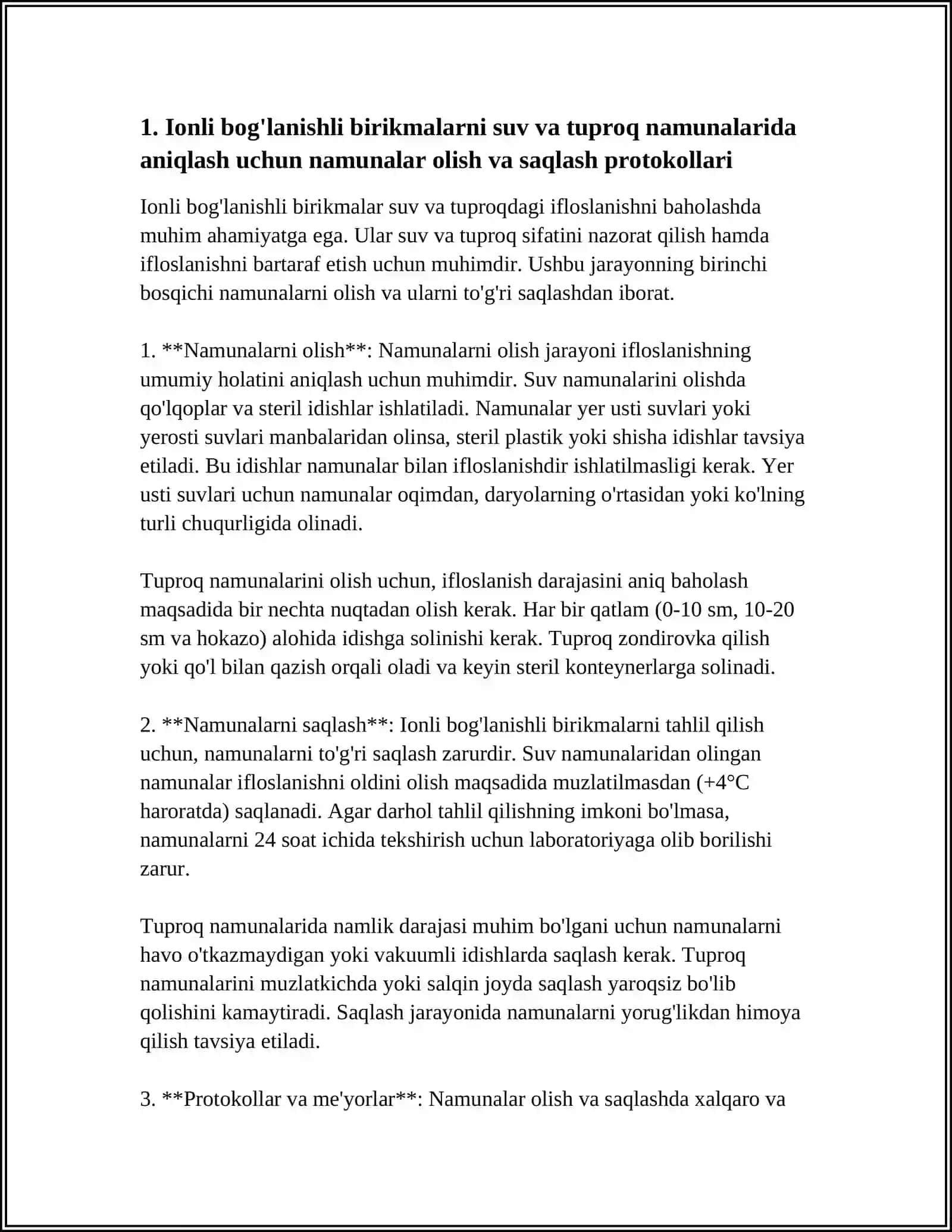 SUV VA TUPROQ IFLOSLANISHIDA IONLI BOGLANISHLI BIRIKMALARNI ANIQLAB TOZALASH USULARINI ISHLAB CHIQISH 3