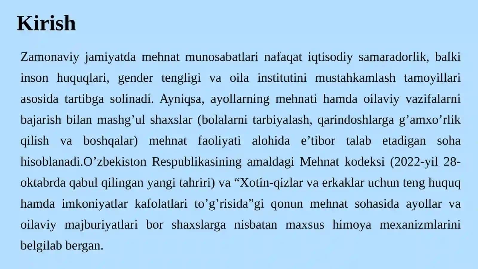 Ayollarning vaoilaviy vazifalarini bajarish bilan mashg’ul shaxslarning mehnatini tartibga solishning o’ziga xos xususiyatlari 3