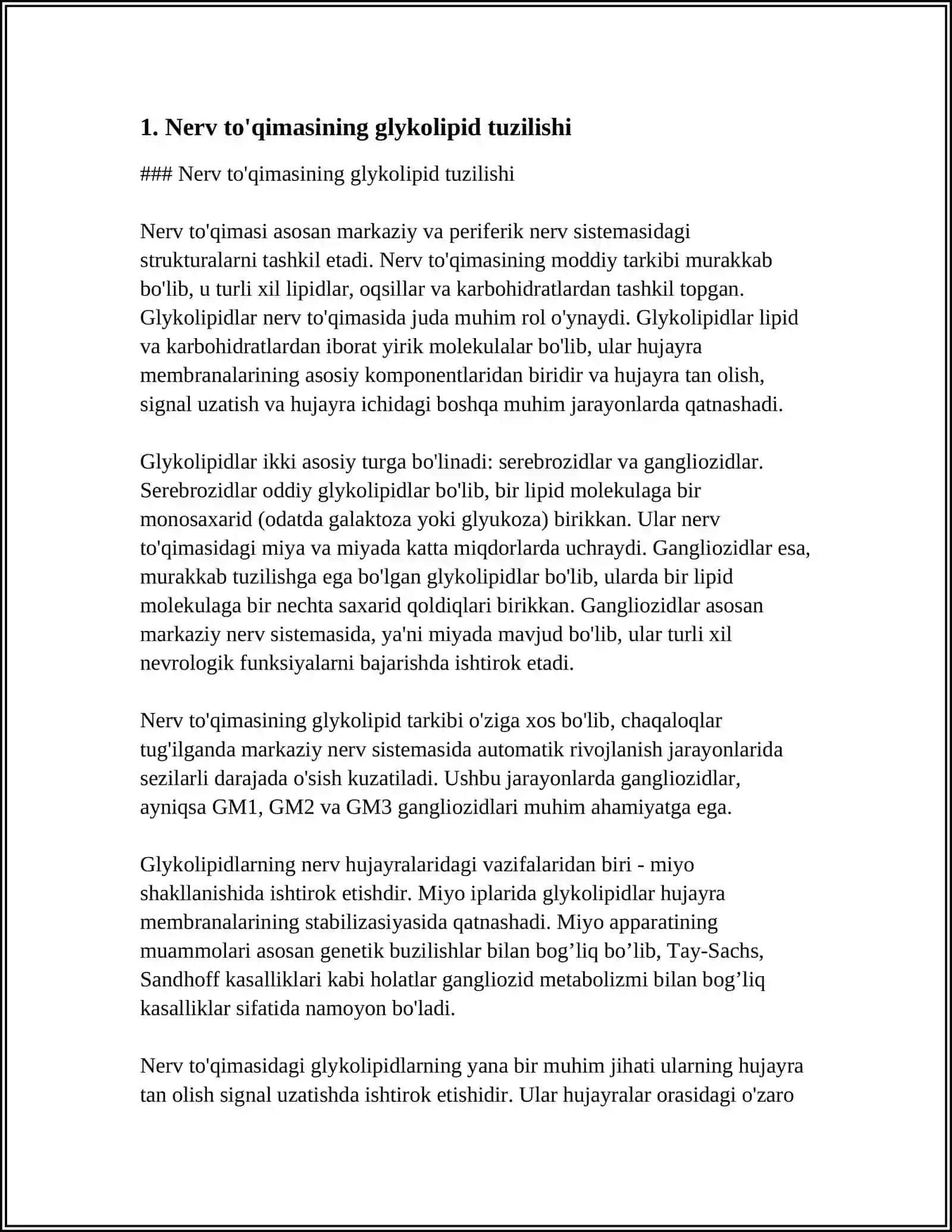 NERV TOʻQIMASINING ASOSIY GLIKOLIPIDLARI, AHAMIYATI, ULAR BILAN BOGʻLIQ KASALLIKLAR 3
