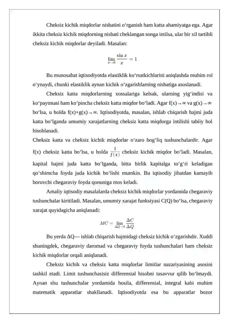 Cheksiz kichik va cheksiz katta miqdorlar va ularning xossalari 3
