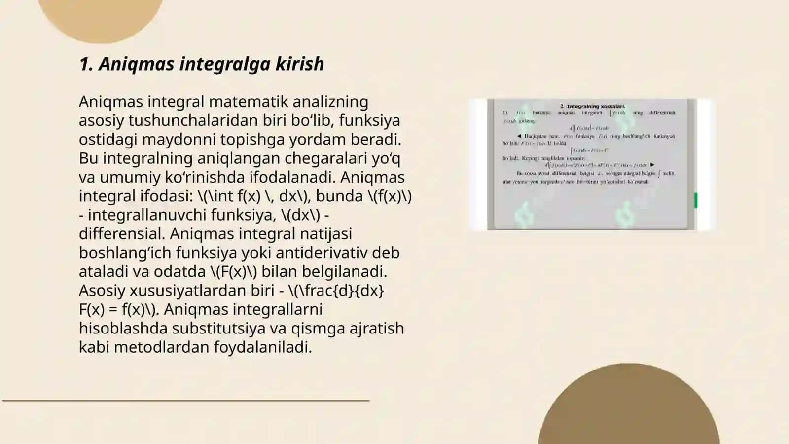 Aniqmas integral. Integralda o‘zgaruvchini almashtirish. Bo‘laklab integrallash 3
