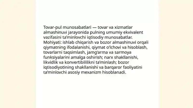 Tavar-pul munosabatlarining rivojlanishi bozor iqtisodiyoti shakllantirishi va amal qilishining asosiy sifatida 3
