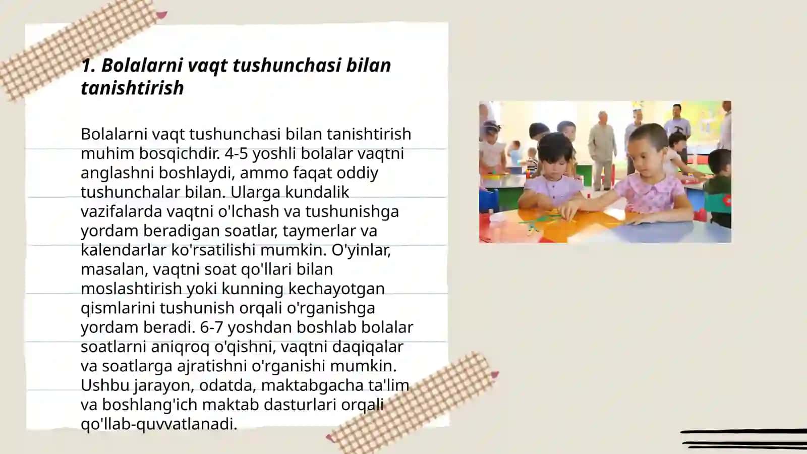 Bolalarni vaqtni chamalashga orgatish vazifalari, bolalarni sutka qisimlarini farqlashga ularning tartibini aniqlashga orgatish 3
