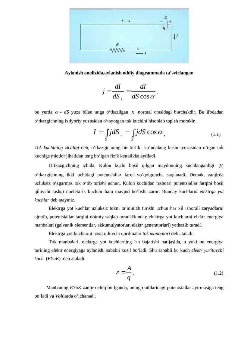 ELEKTR TOKI. TOK KUCHI VA UNING ZICHLIGI. ELEKTR TOKINING MAVJUD BO‘LISH SHARTLARI. OM VA JOUL-LENS QONUNLARINING INTEGRAL VA DIFFERENSIAL KO‘RINISHLARI. GALVANIK ELEMENTLI ZANJIRNING BIR QISMI UCHUN OM QONUNI. KIRXGOF QOIDALARI. 3