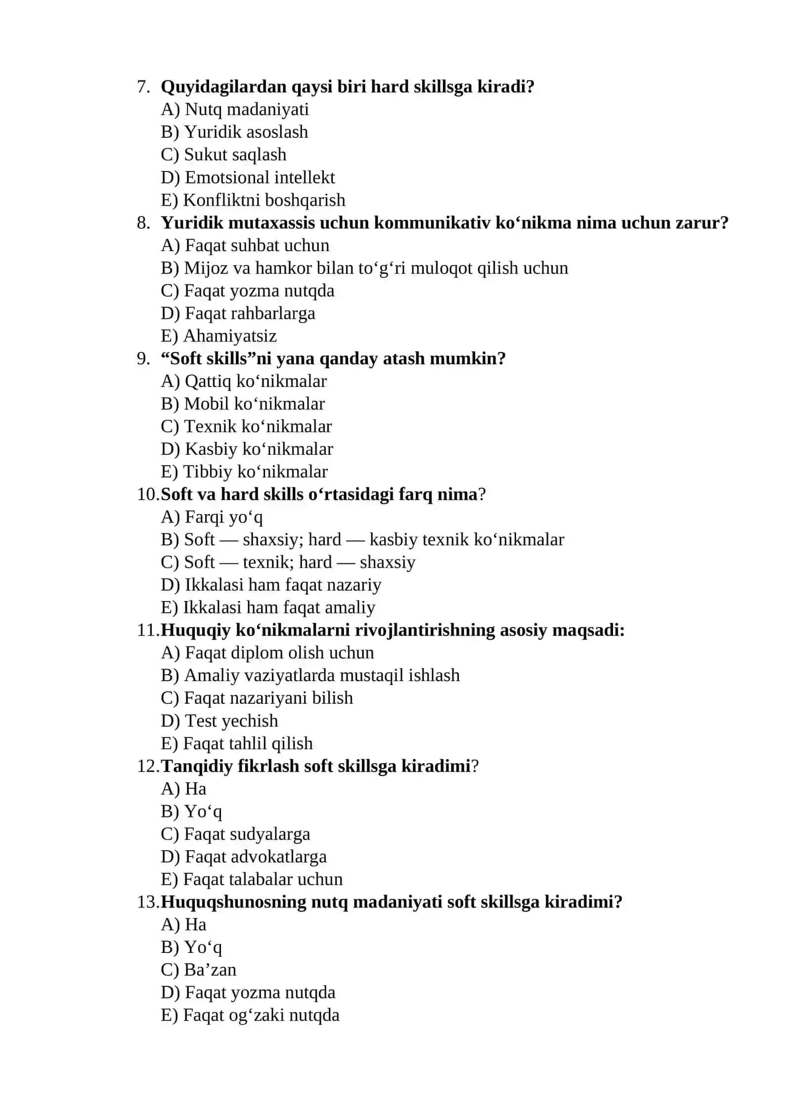 HUQUQIY KO’NIKMALAR VA METODOLOGIYA FANIDAN MAVZULASHTIRILGAN TESTLAR TO’PLAMI 3
