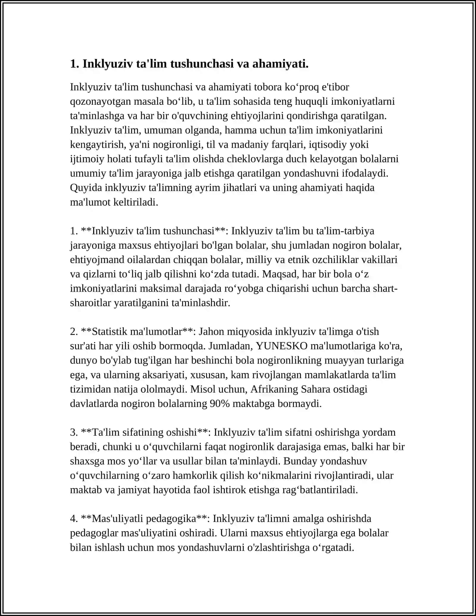 MUSTAQIL ISH Mavzu: PEDAGOGIK OʻQUV ADABIYOTLARI VOSITASIDA INKLYUZIV TAʼLIMDA MUHTOJ OʻQUVCHILAR BILAN ISHLASH ASOSLARINI OʻRGANING 3