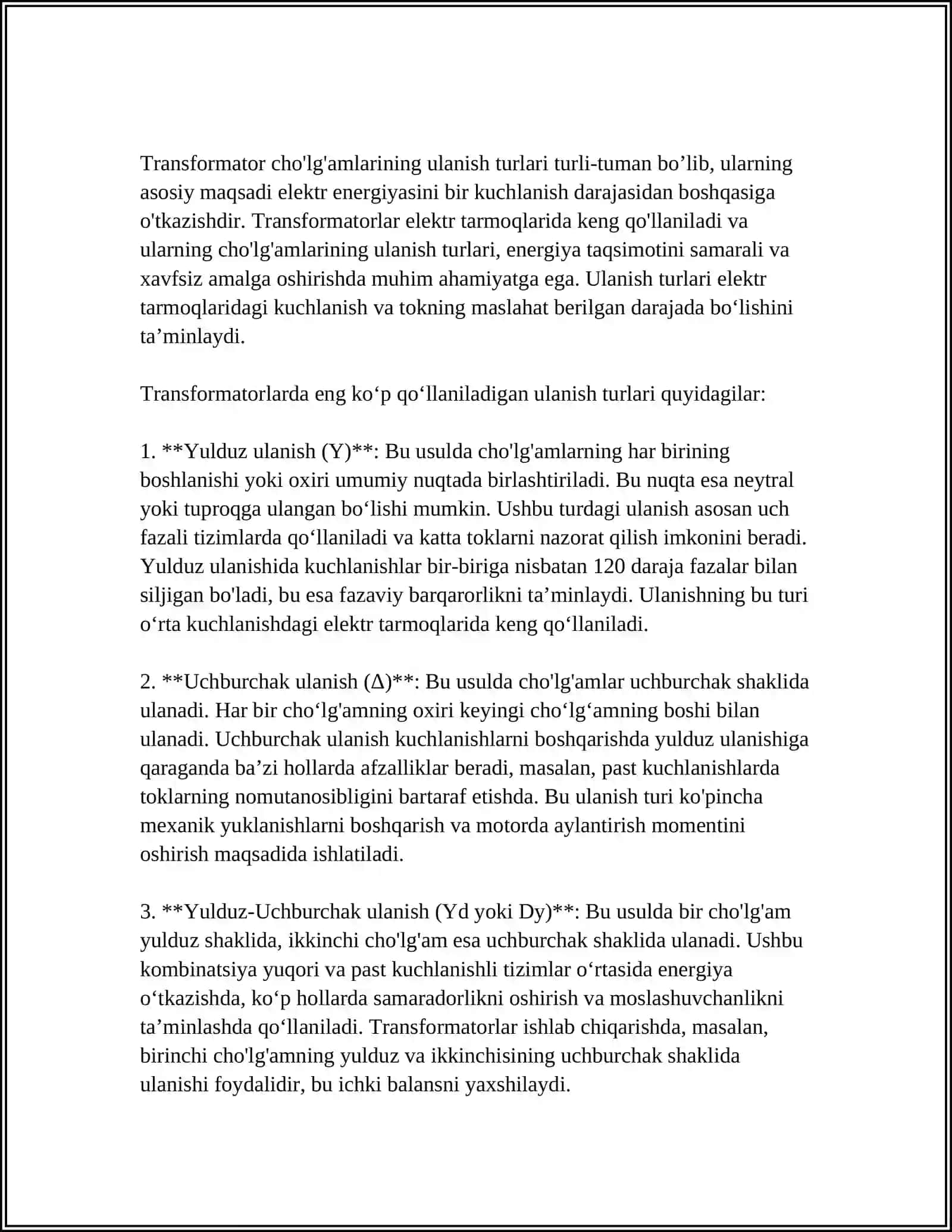 TRANSFORMATOR CHOʻLGʻAMLARINING ULANISH GURUHLARI VA TRANSFORMATORLARNI PARALLEL ISHLASHI 3