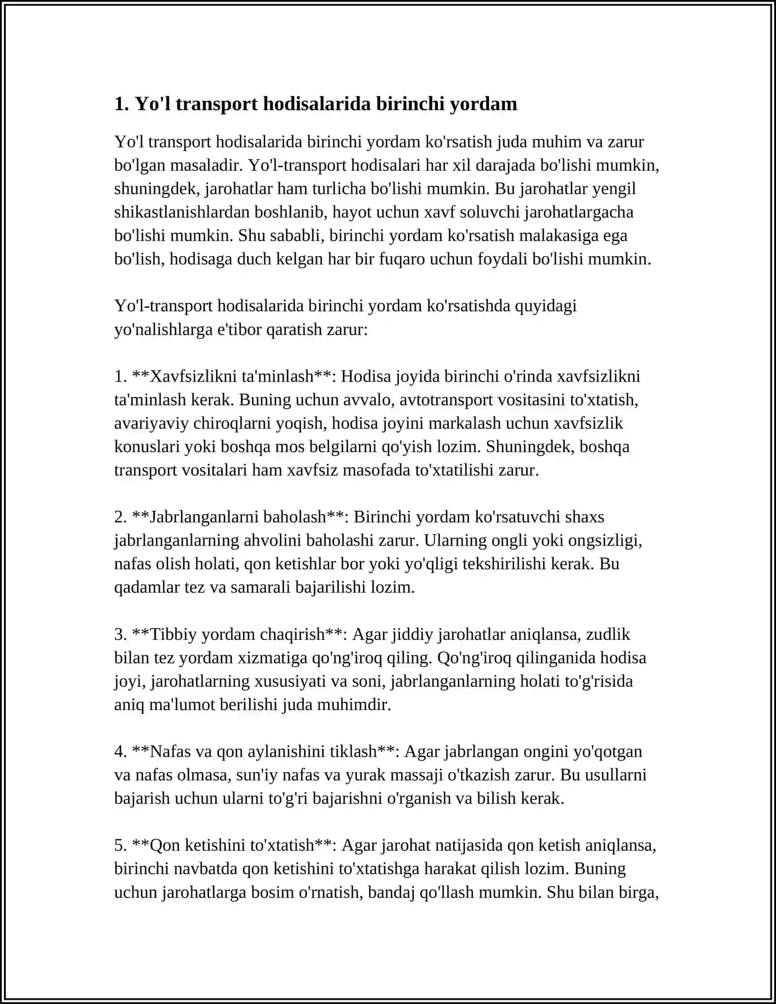 SUYAK SINISHLARIDA YO'L TRANSPORT XODISALAR VA BALANDLIKDAN TUSHISHDA, TIBBIYOT HODIMLARI YETIB KELGUNGA QADAR BIRINCHI YORDAM KORSATUSH 3