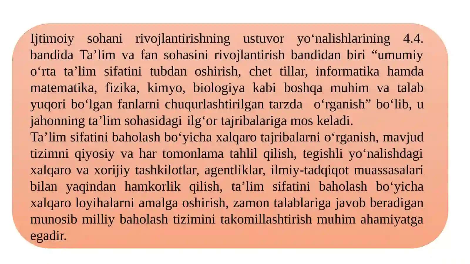 Xalq taʻlimi tizimida taʻlim sifatini baholash boʻyicha xalqaro tadqiqotlarni (PISA, TIMSS, PIRLS, TALIS) joriy etishning meʻyoriy-huquqiy asoslari, asosiy maqsadlar va chora-tadbirlar. 3