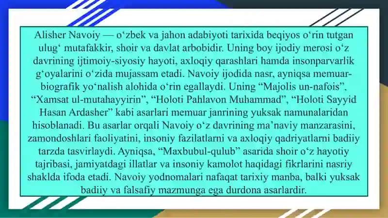 Navoiy yodnomalari – memuar janrining yuksak namunasi 3