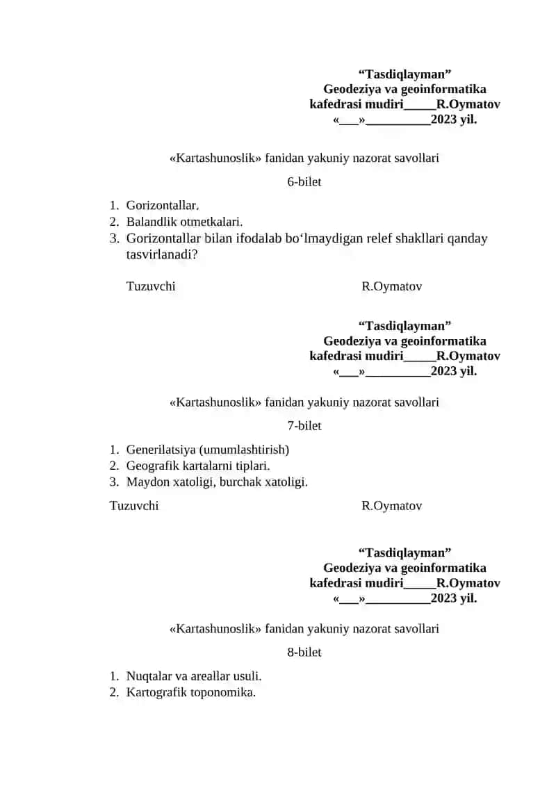 «Kartashunoslik» fanidan yakuniy nazorat savollari 3