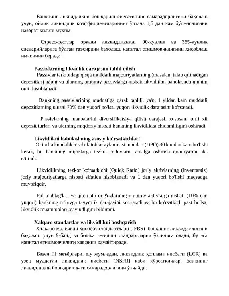 Tijorat banklarining likvidligini baholash va boshqaruv mexanizmlari 3