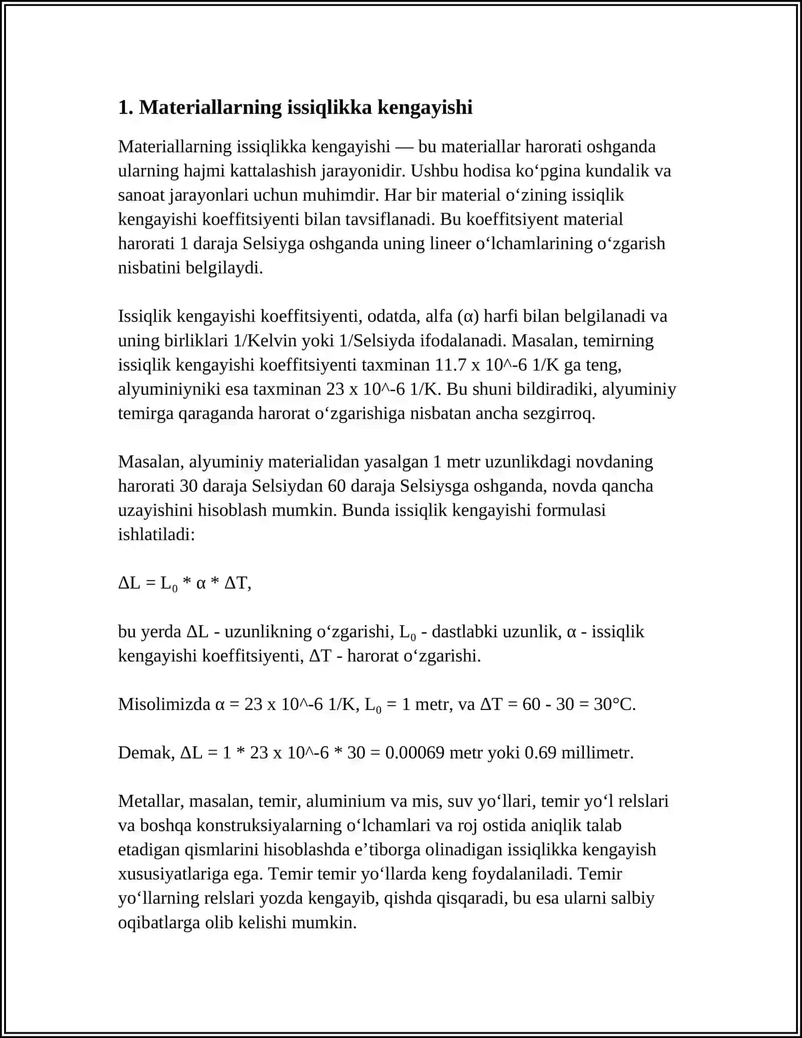 MUSTAQIL ISH Mavzu: MATERIALLARNING ISSIQLIK KENGAYISHI 3