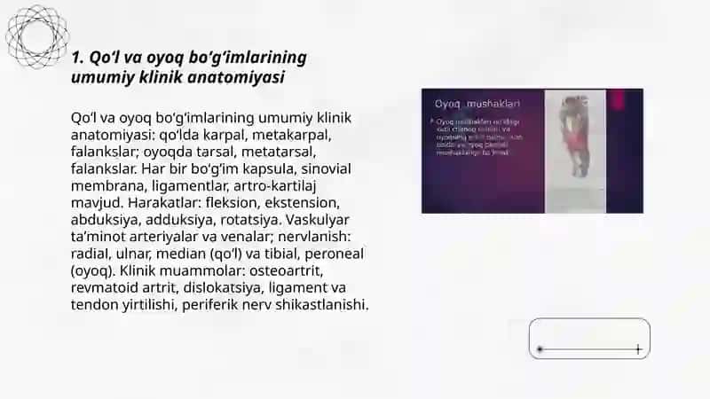 Qoʻl va oyoq boʻgʻimlari klinik anatomiyasi va ularda bajariladigan zamonaviy operatsiyalar 3