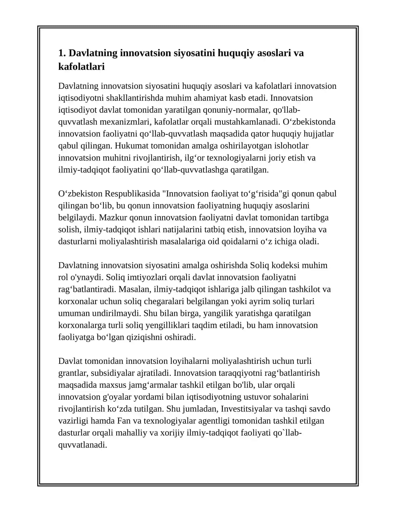 INNOVATSION IQTISODIYOTNI SHAKLLANTIRISHDA DAVLATNING O‘RNI (QONUNIY-HUQUQIY KAFOLAT, SOLIQLAR ORQALI TARTIBGA SOLISH, RAG‘BATLANTIRISH TIZIMI) 3