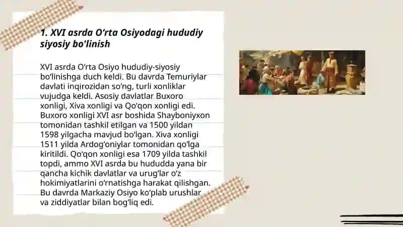 XVI-XIX asrlar birinchi yarmida  Oʻrta Osiyodagi ijtimoiy-siyosiy ahvol 3