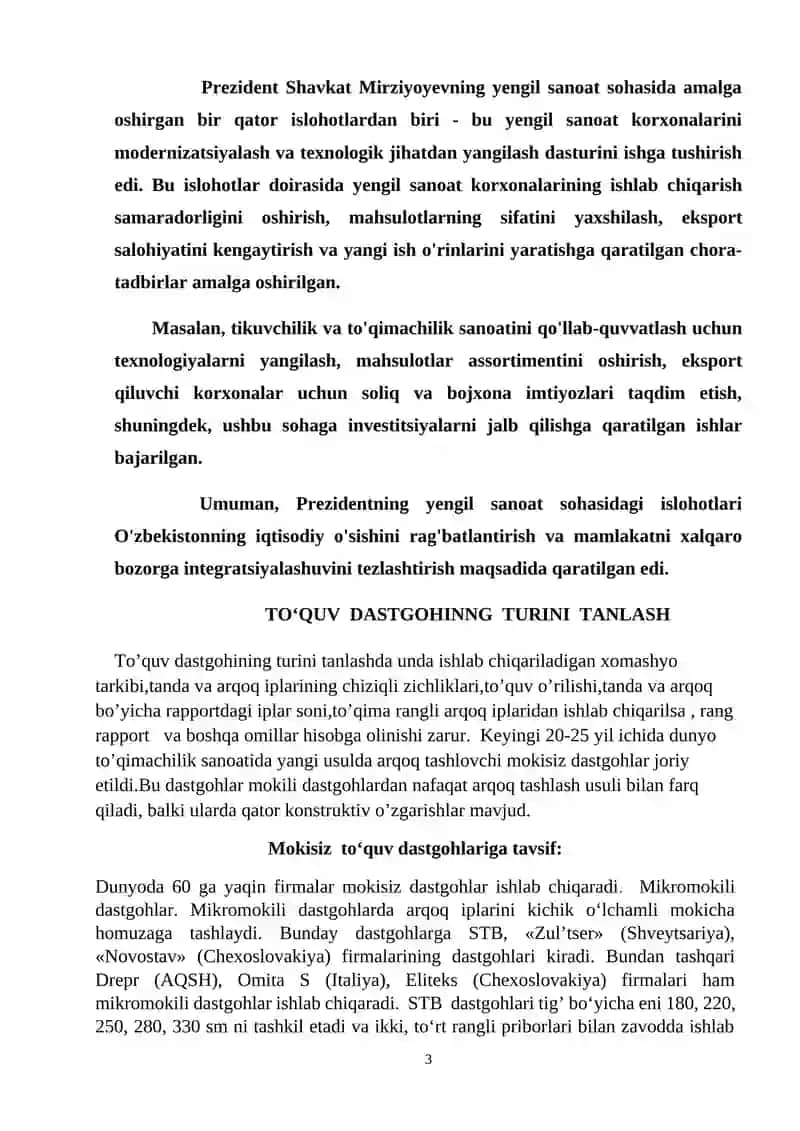 Mitkal assortimentdagi to’qima ishlab chiqarish korxonasini loyihalash kurs ishi 3