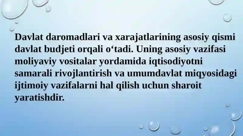 Davlat budjeti – bu davlat daromadlari va xarajatlar hamda ularni moliyaviy qoplash manbalarining yillik rejasidir 3