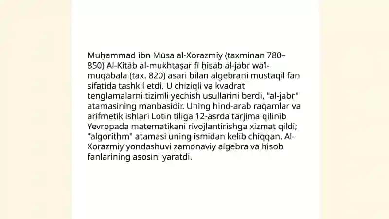 Al-Xorazmiy va algebraning jahon sivilizatsiyasiga qo'shgan hissasi 3