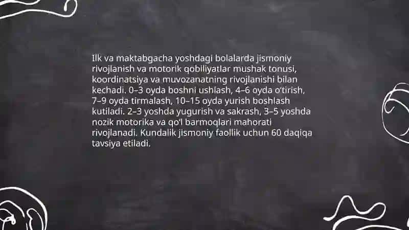Ilk va maktabgacha yoshdagi bolalarning yoshiga doir pedagogik va psixologik xususiyatlari va ularning sogʻlom rivojlanishidagi ahamiyati. 3