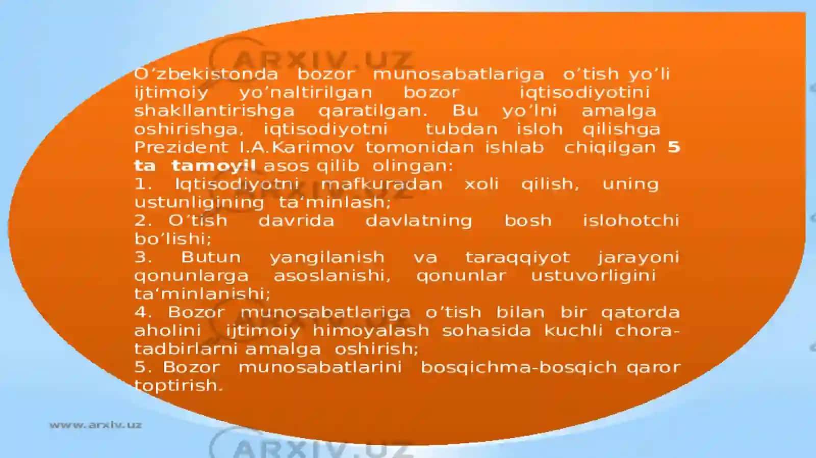 Iqtisodiy islohotlar, xususiy mulkchilikning shakllanishi. O’zbekistonda bozor munosabatlarining rivojlanishi 3