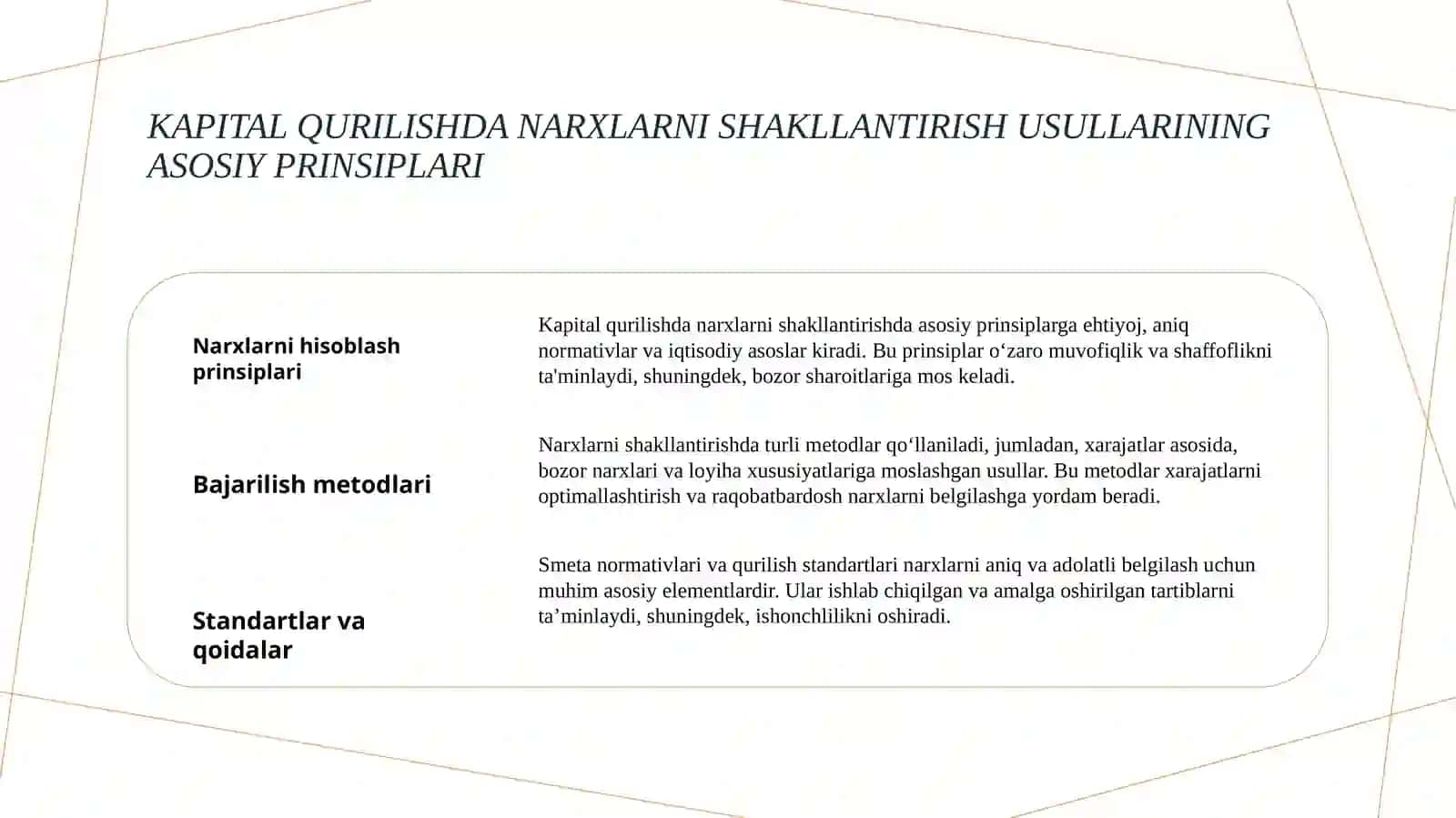 Kapital qurilishda narxlarni shakllantirishning smeta normatir bazasi va modullar qurilish trentlari 3