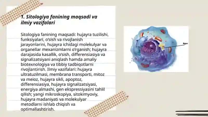 Sitologiya fanining maqsadi, vazifasi va muammolari, rivojlanish tarixi, oʻrganish metodlari 3