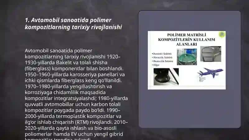 Avtamobil sanoatida polimer kompazitsion materiyallardan foydalanish tarixi va zamonaviy tendentsiyalari 3