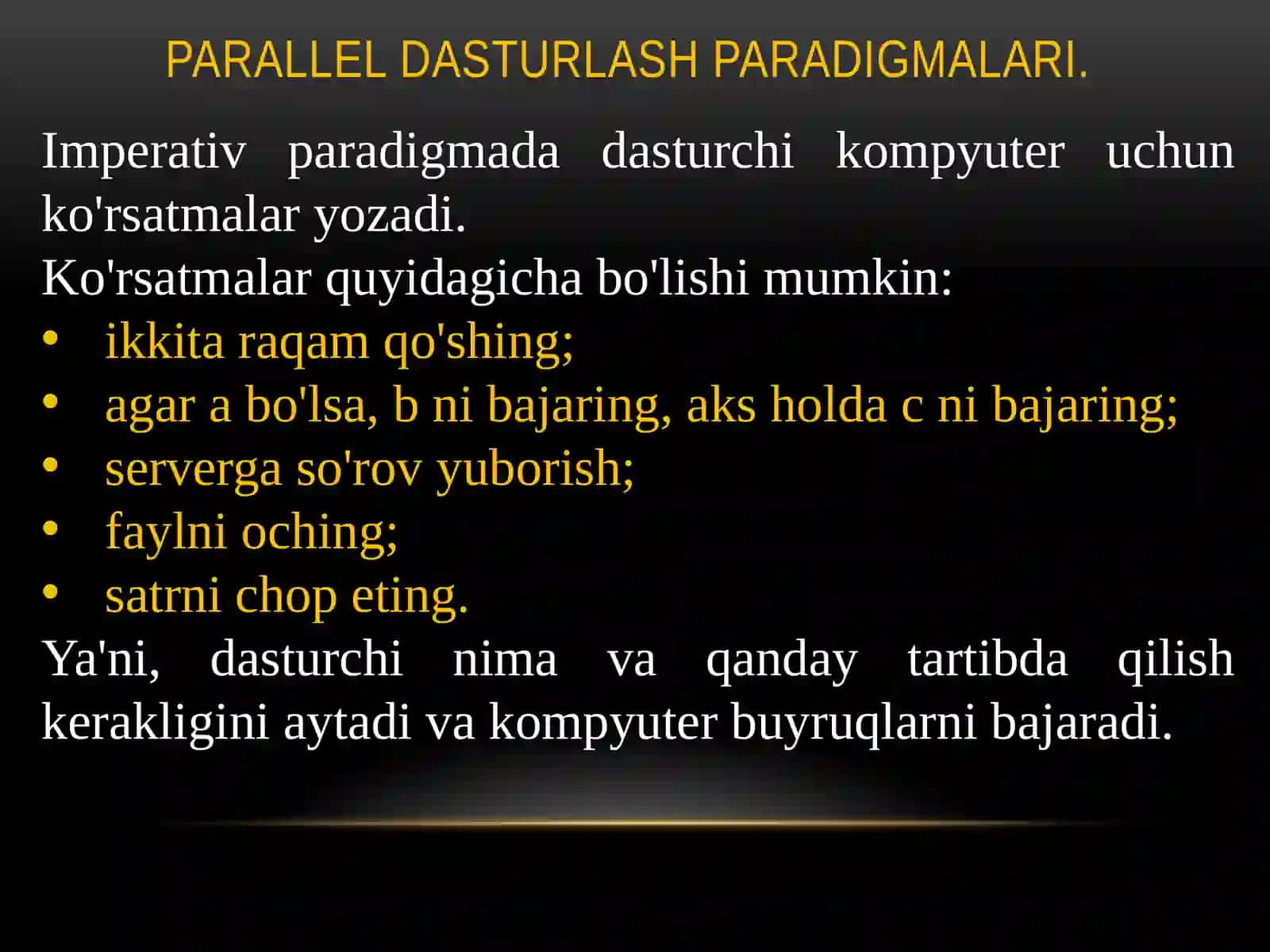 Parallel dasturlash paradigmalari. Sinxron va asinxron aloqa. Parallel dasturlash usullari va vositalari. 3
