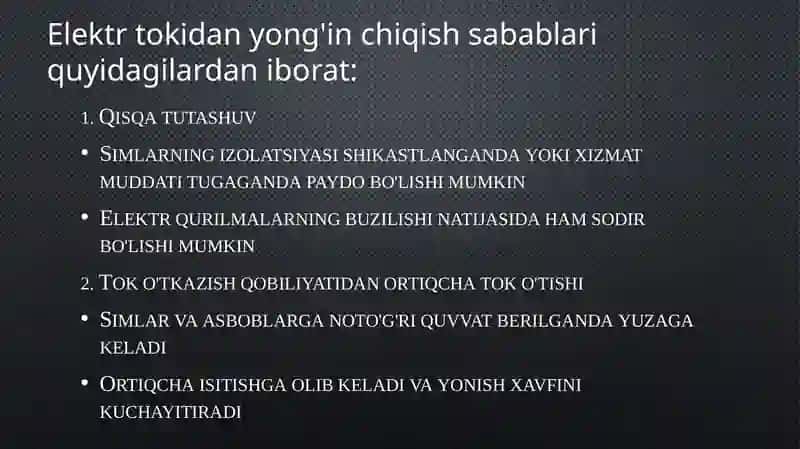 Elektr tokidan yong`in chiqish sabablari, yong`inni bartaraf etish choralari 3