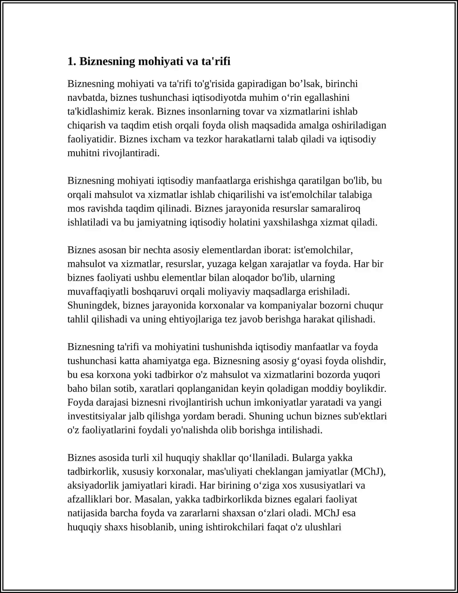 BIZNESNING MOHIYATI, MAQSADI VA VAZIYFALARI REFERATI 3