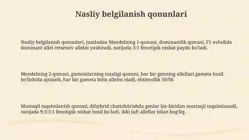 Nasliy belgilarning irsiylanish qonuniyatlari.Irsiyat 3