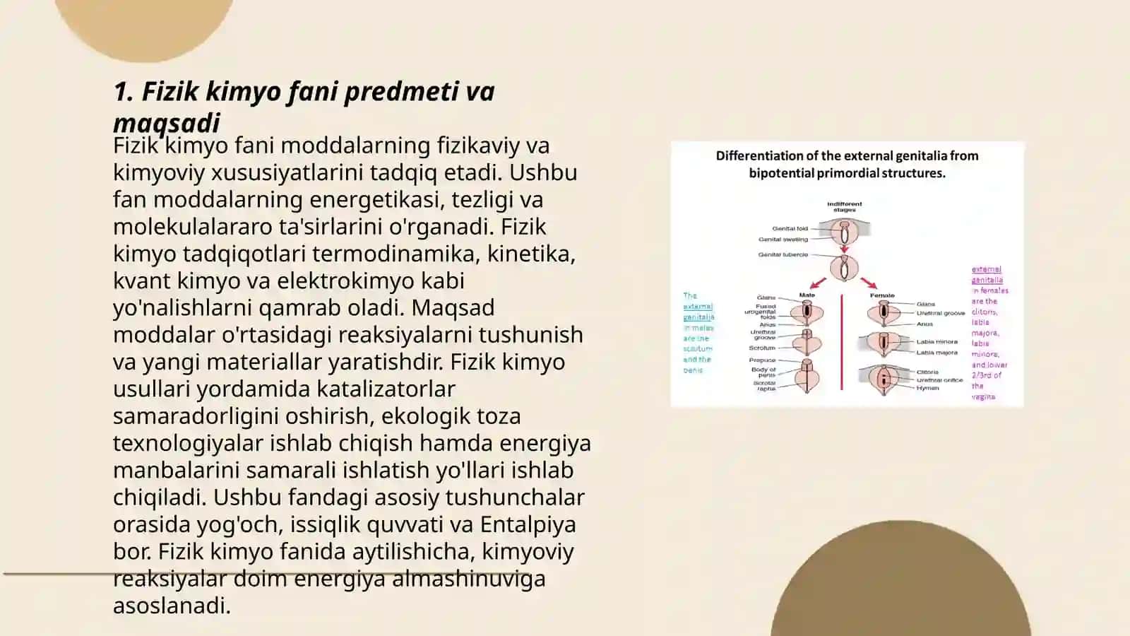 Fizik kimyo fani predmeti, tarixi va uni Oʻzbekistonda rivojlanishi. kimyoviy termodinamika va uning ahamiyati. Ideal gazning holat tenglamasi. Termodinamikaning birinchi qonuni. Entalpiya 3