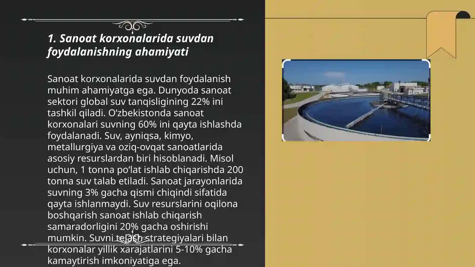 sanoat karxonalarida suvdan foydalanish,oqova suvlarining hosil bolishi,ularning tasniflari.suv resurslarini muhofoza qilish va ulardan samarali foydalanish 3