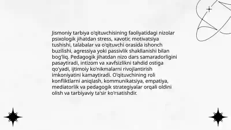 Jismoniy tarbiya o'qituvchisini faoliyatida nizo psixologik pedagogik muammo sifatida 3
