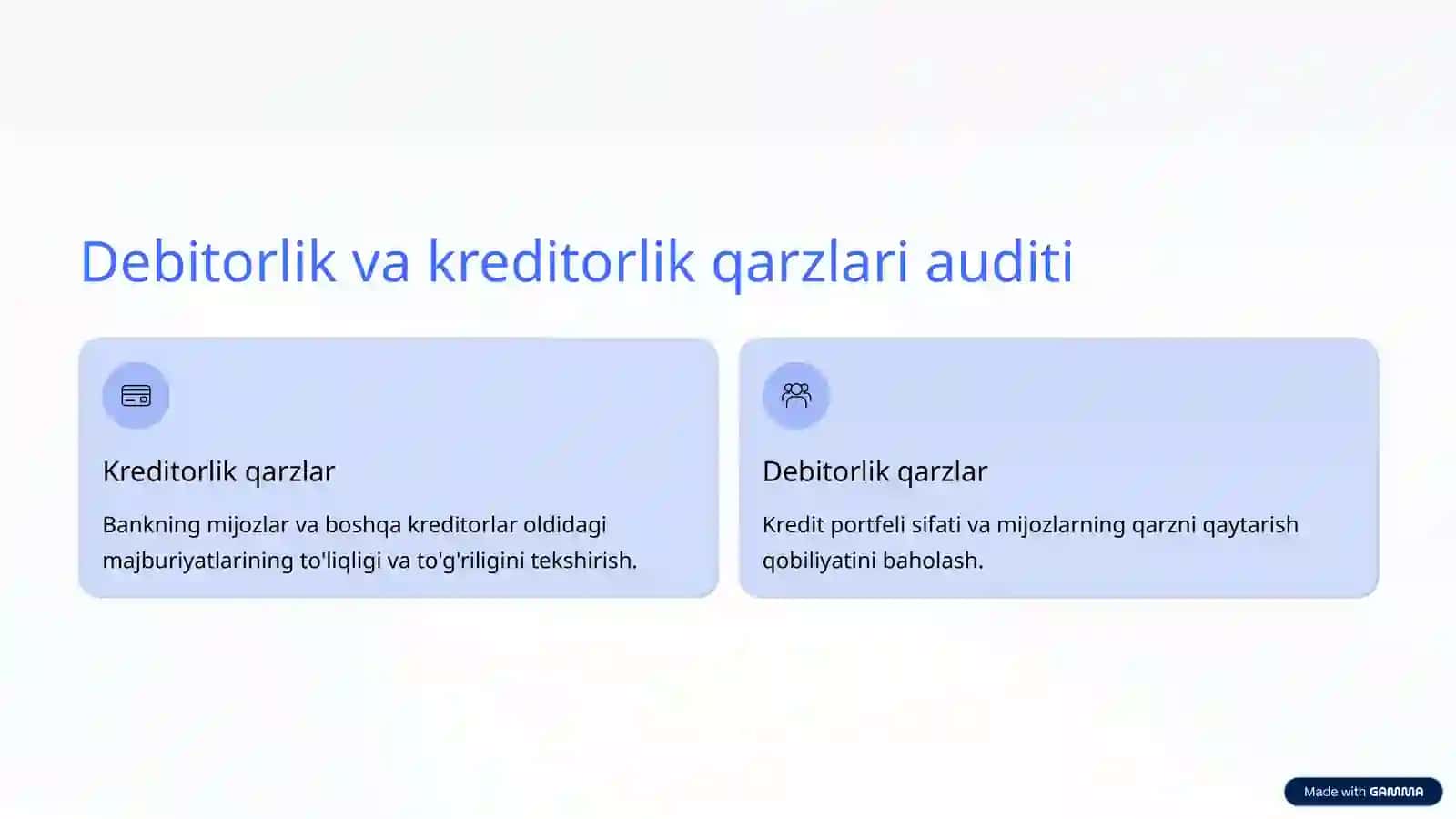 Banklarda debitorlar, kreditorlar va qimmatli qog`ozlar auditi 3