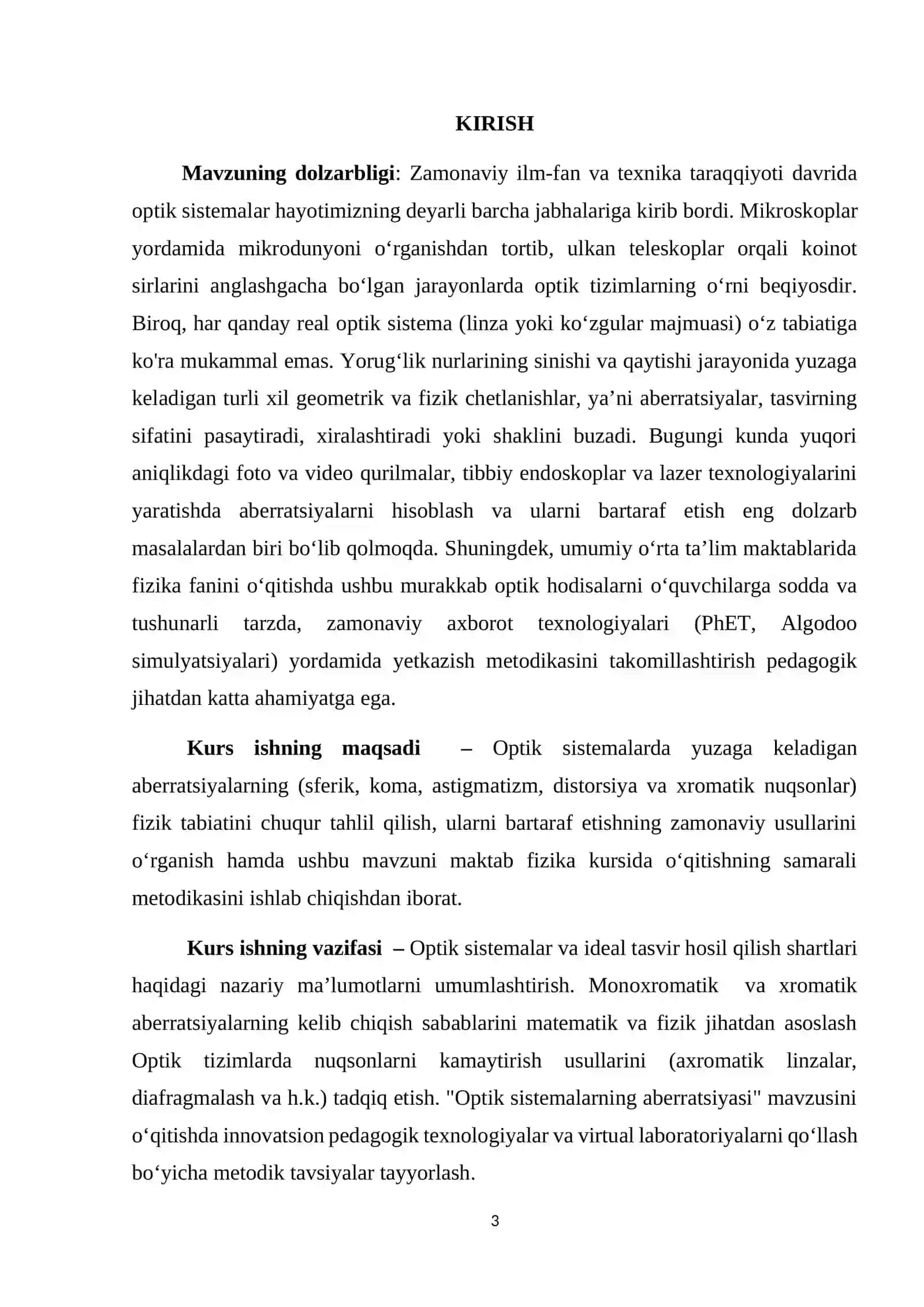 OPTIK SISTEMALAR VA ULARDAGI TASVIR NUQSONLARI mavzusida tayyor kurs ish sifatli 3