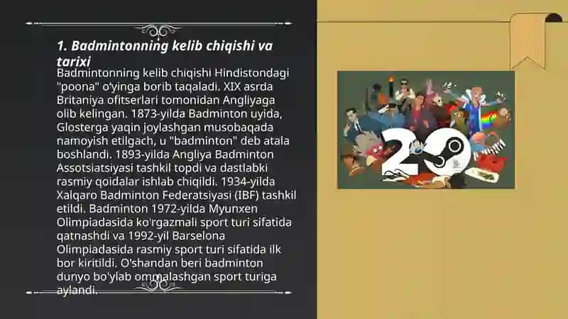 Badmintonning rivojlanish tarixi, o’yin texnikasi, taktikasi va qoidalari 3