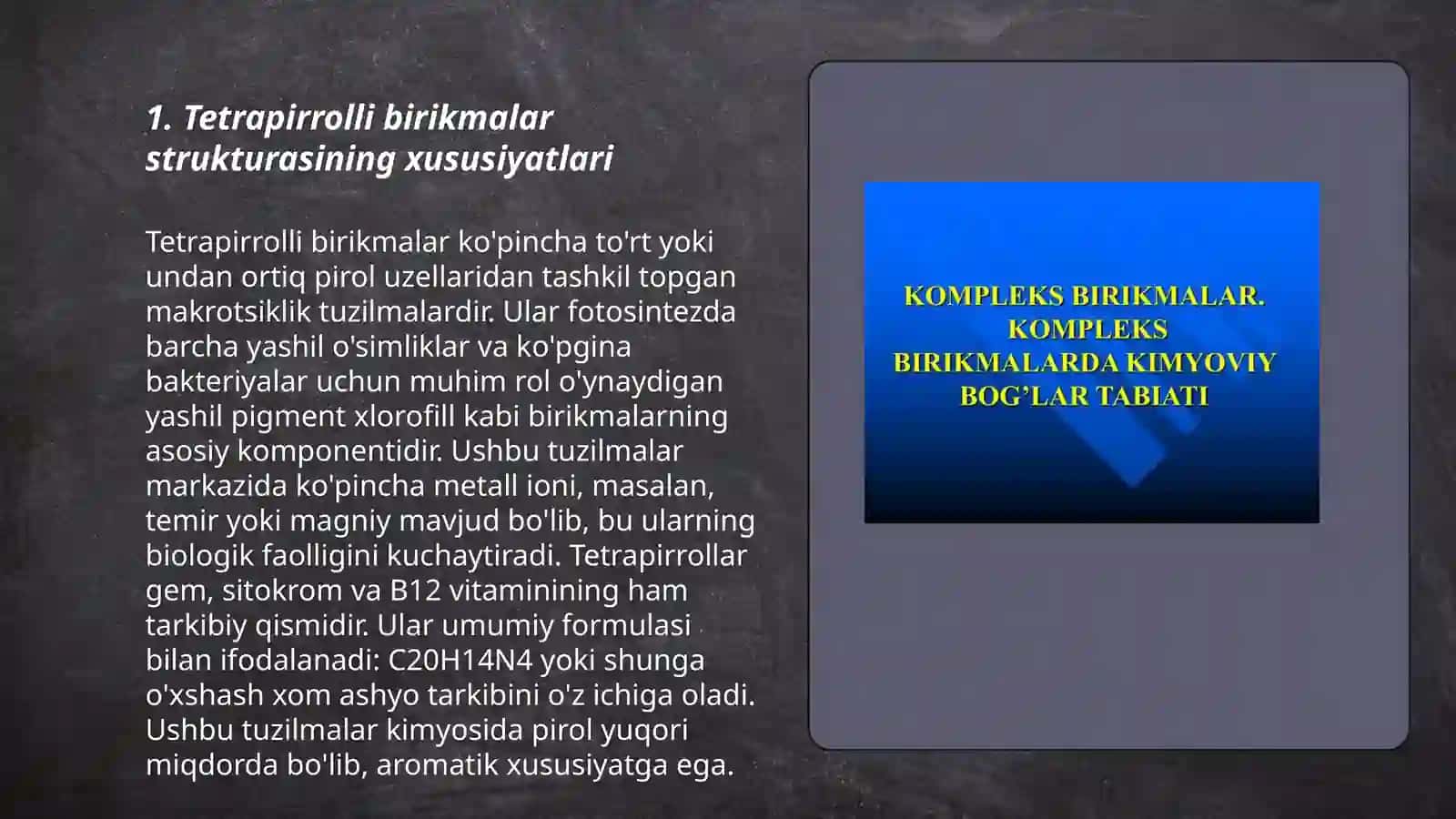 Tetrapirrolli birikmalar va metallofermentlar, kompleks birikma tabiatli dorivor vositalari 3