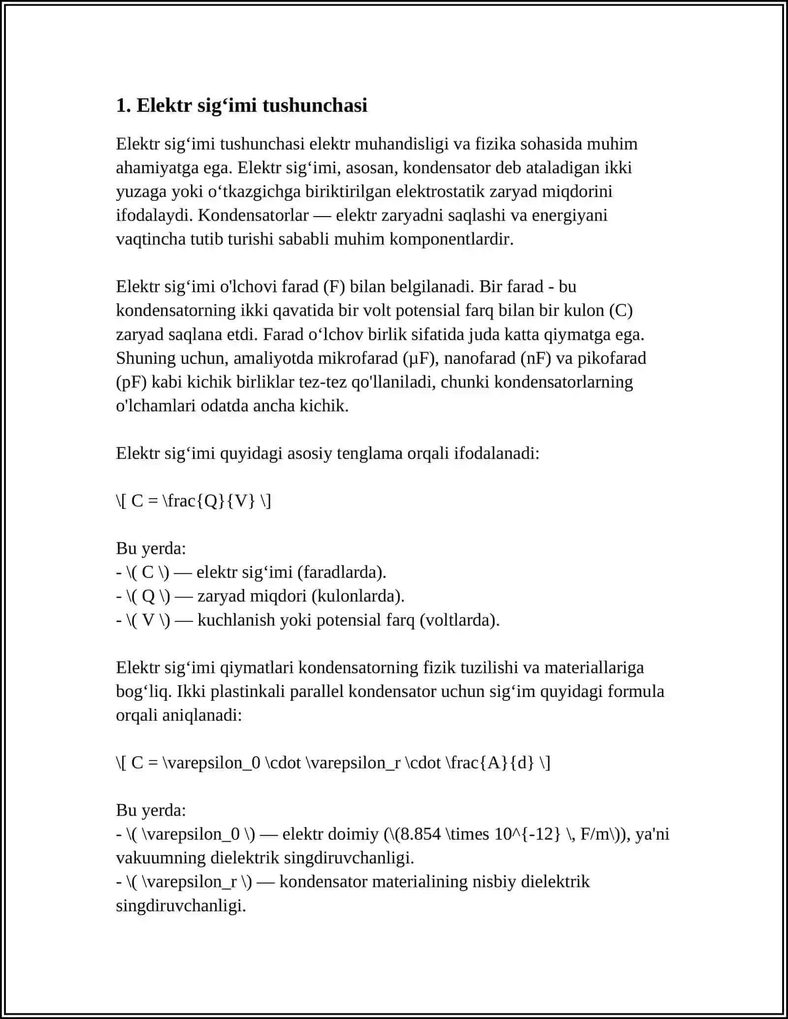 ELEKTR SIGʻIMI. KONDENSATORLAR,KONDENSATORLARNI KETMA KET VA PARALLEL ULASH. ELEKTRMAYDONI ENERGIYASI 3