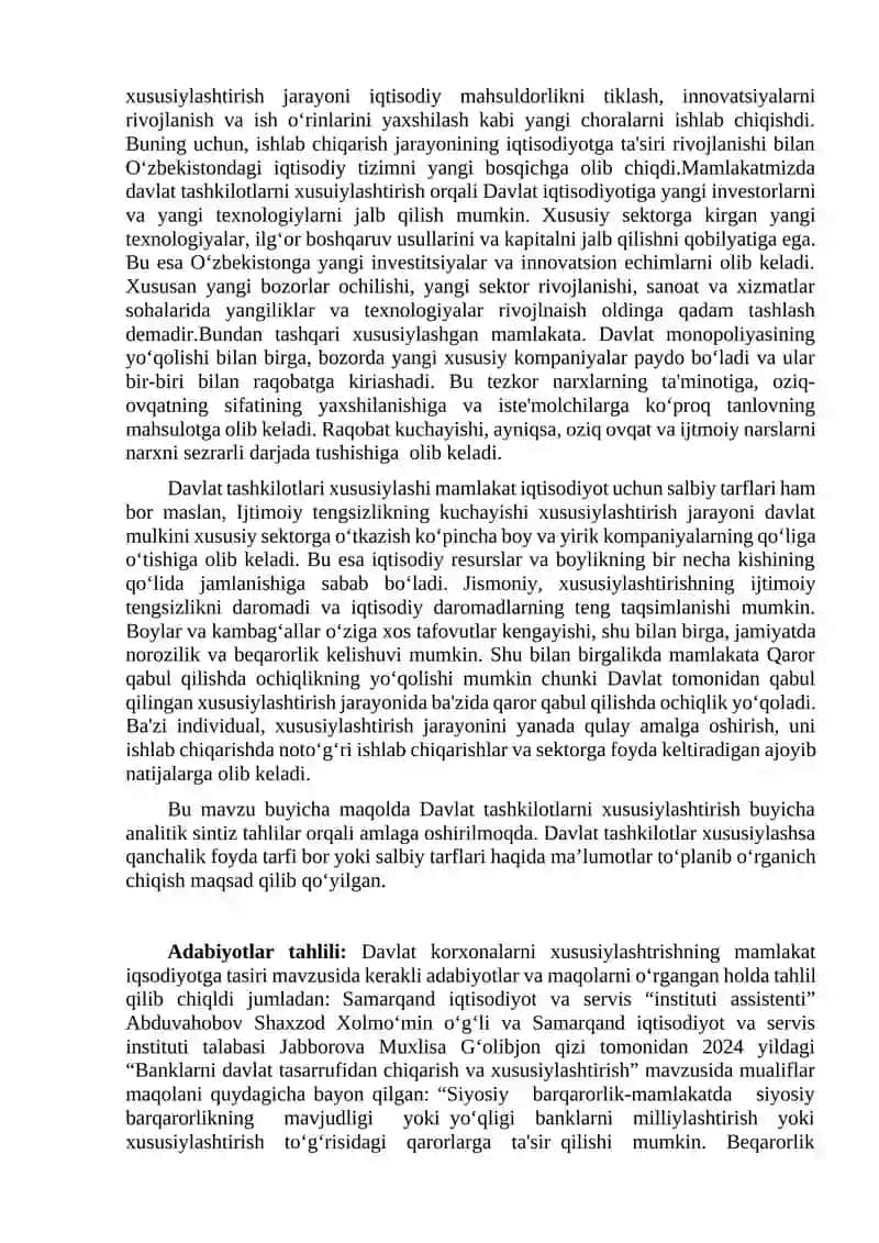 Davlat korxonalarni xususiylashtirishning mamlakat iqtisodiyotga tasiri 3