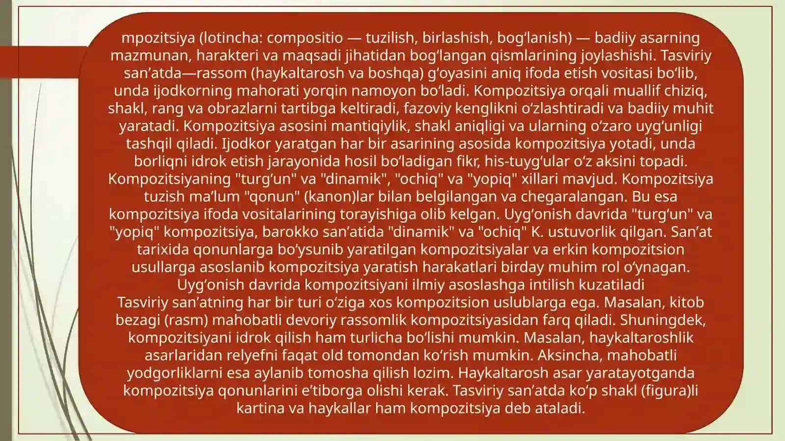 Sujet turlari va elementlari. Badiiy asar kompozitsiyasi. Sujet tashqari kompozitsion vositalar. Badiiy nutq va ifodaviylik 3